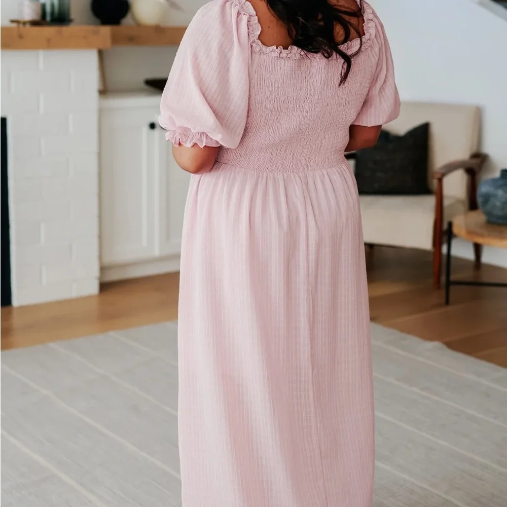 Blush Pink Smocked Maxi Dress Slit Sleeve | Cottagecore Spring Size M - Picture 4 of 7